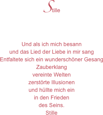Stille

Und als ich mich besann
und das Lied der Liebe in mir sang
Entfaltete sich ein wunderschöner Gesang
Zauberklang
vereinte Welten
zerstörte Illusionen 
und hüllte mich ein
in den Frieden
des Seins.
Stille

